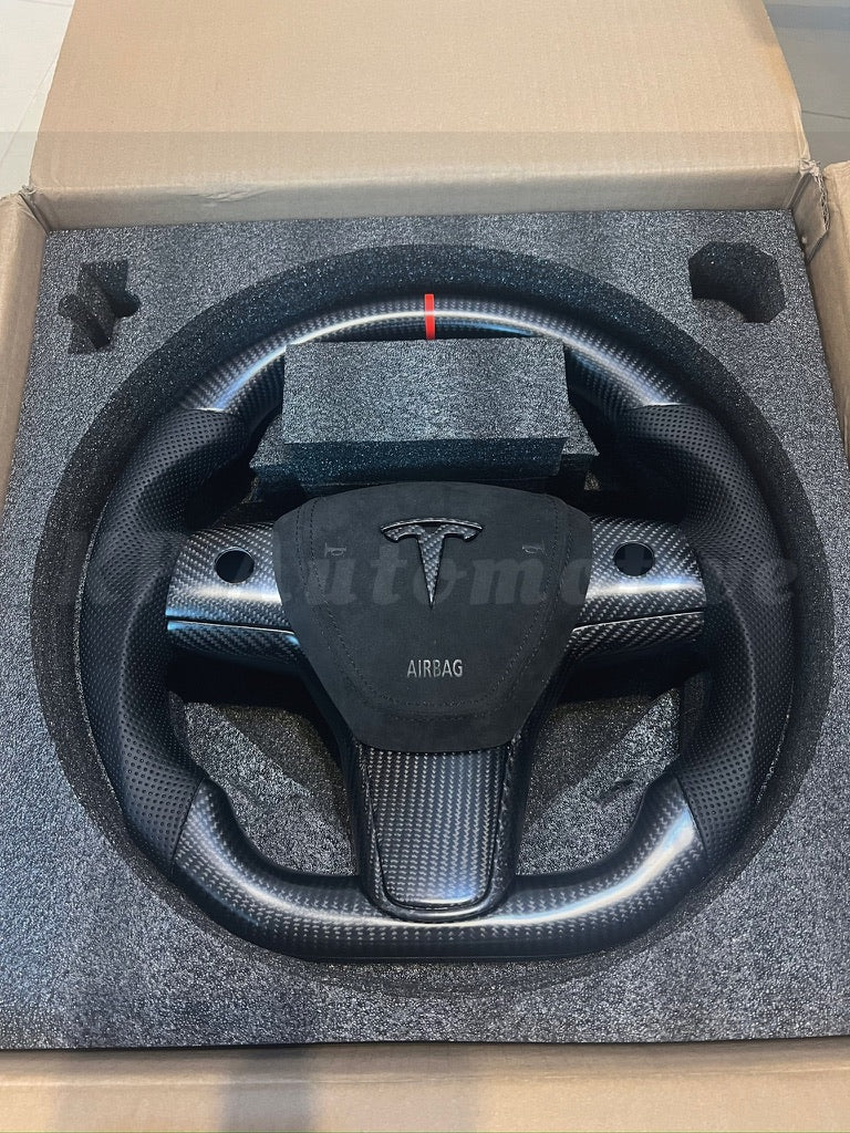 Model Y Matte Carbon Fiber Steering Wheel (Perforated Leather) - Full Set