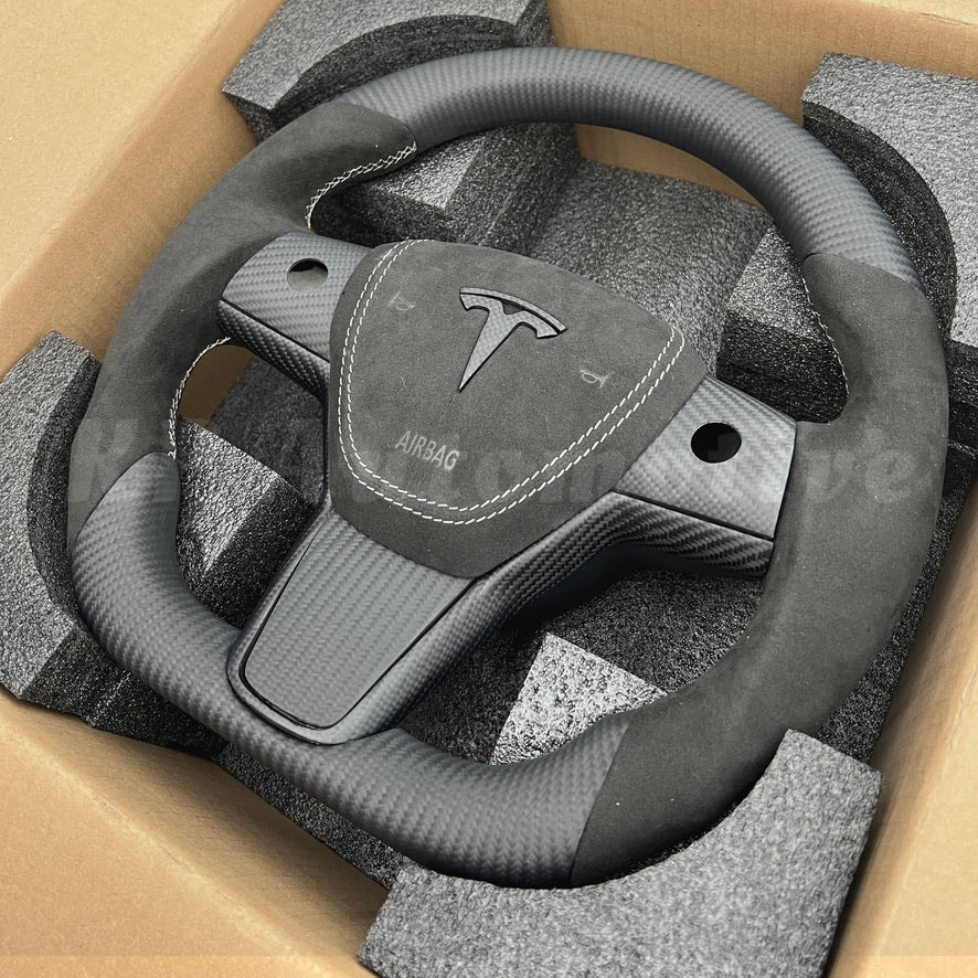 Model Y Matte Carbon Fiber Steering Wheel (Alcantara) - Full Set